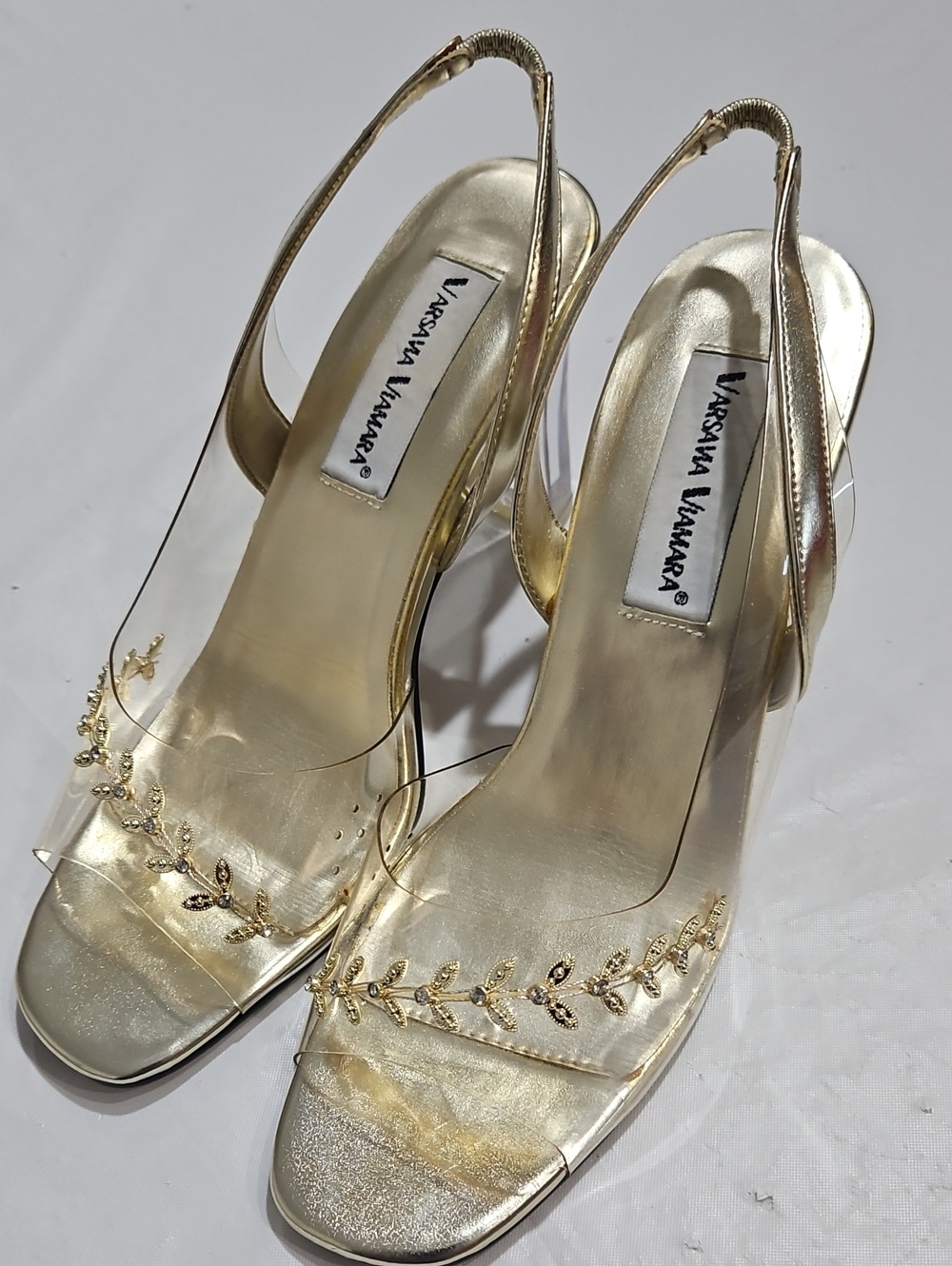Varsavia Viamara Gold Slingback Heels with Clear Embellished Strap
